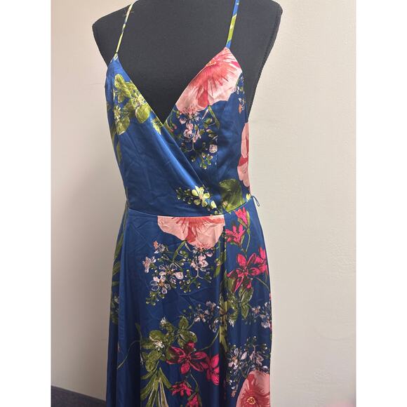 Lulu's Blue Floral Faux Wrap Formal Satin-like Prom Maxi Dress, Low Back SZ MED - Picture 1 of 5